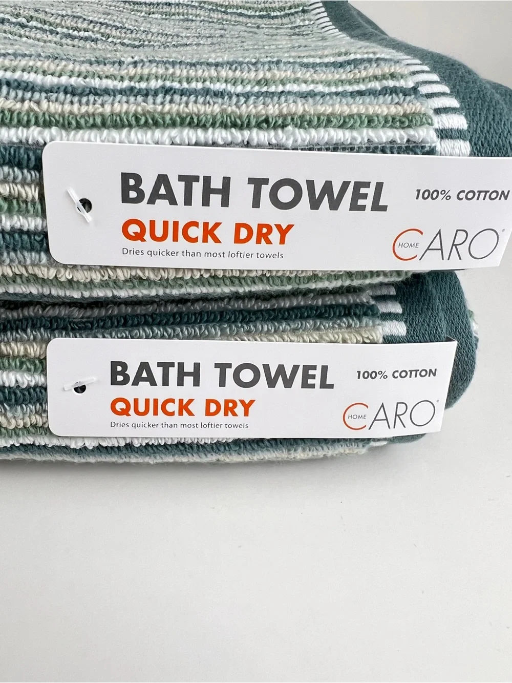 CARO Home Bath Towels Green Yellow White Striped Soft 100% Cotton 2 Pc Set NEW